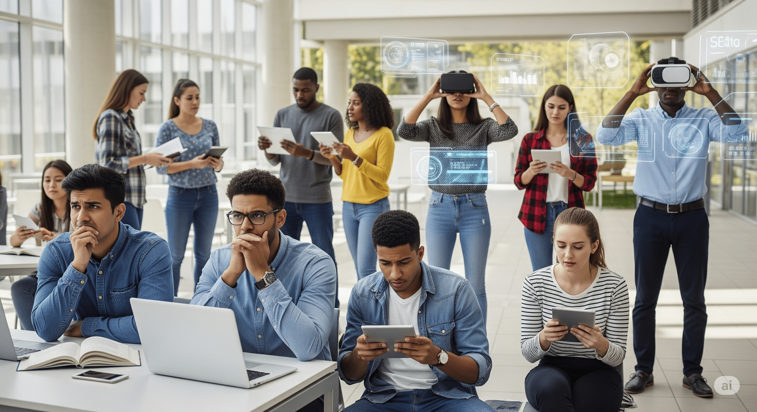 Job. A diverse group of university students in a modern campus setting, some looking concerned about their job prospects while others are engaged with new technologies like VR headsets and futuristic interfaces. The image blends anxiety and opportunity, symbolizing the evolving landscape of work and education.