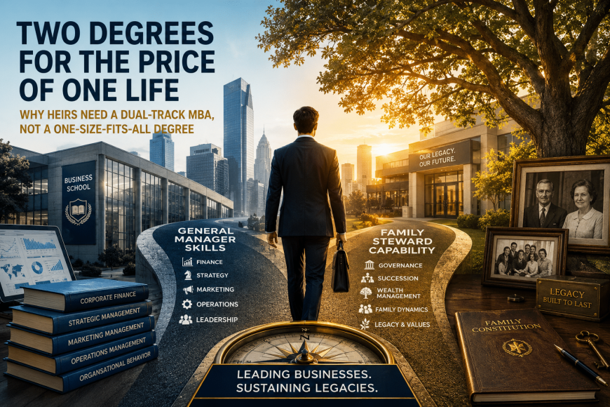 A conceptual editorial illustration showing a young business heir standing at the crossroads between a modern business school and a family enterprise, symbolizing a dual-track MBA that combines general management education with family business stewardship.